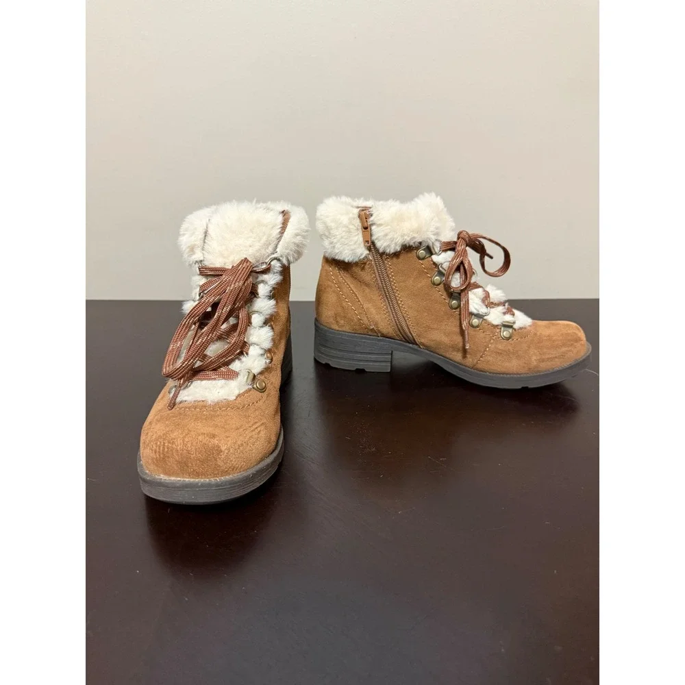 Earth Origins Remi Ankle Boots Brown Suede Women 7.5 Faux Fur Trim Lace Up Comfy